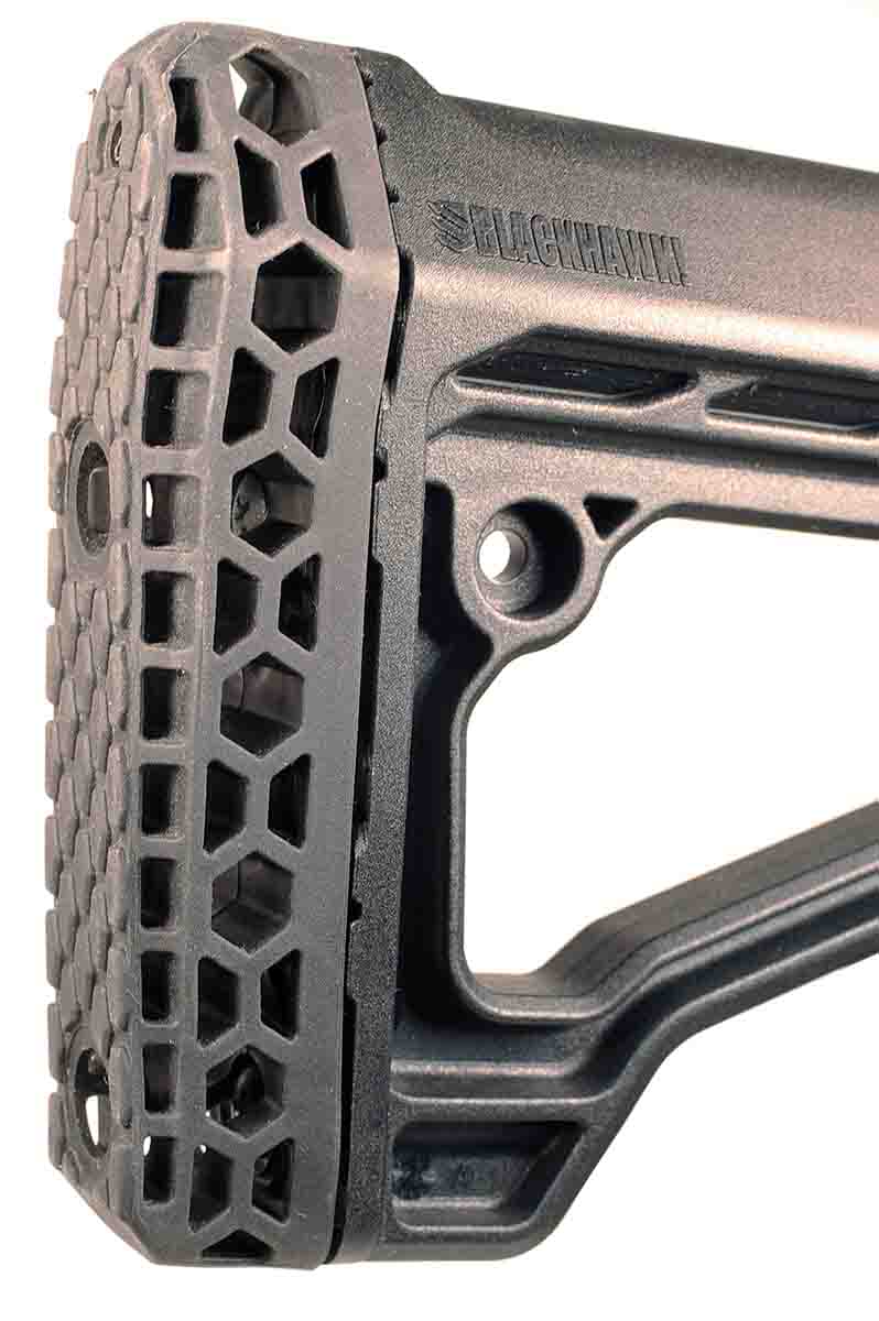 The Blackhawk Axiom Carbine stock on the MSR 10 Hunter features a rubber recoil pad and is adjustable for length of pull.
